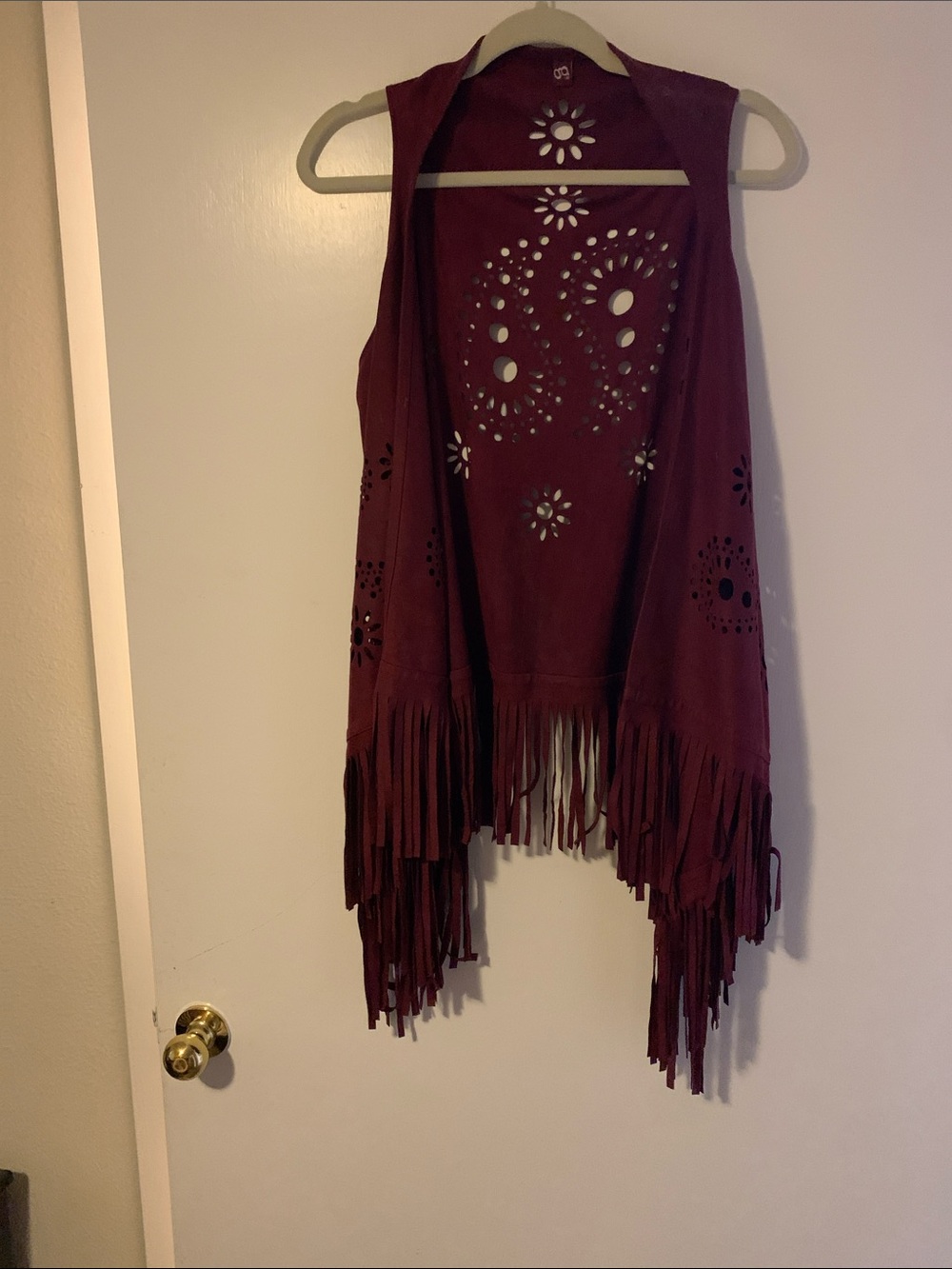 Source Unknown Wine Fringe Vest with Laser Cut Floral Details